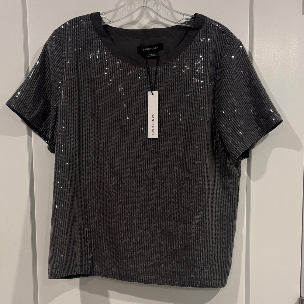 Sanctuary Womens Short Sleeve Sequin Blouse Large